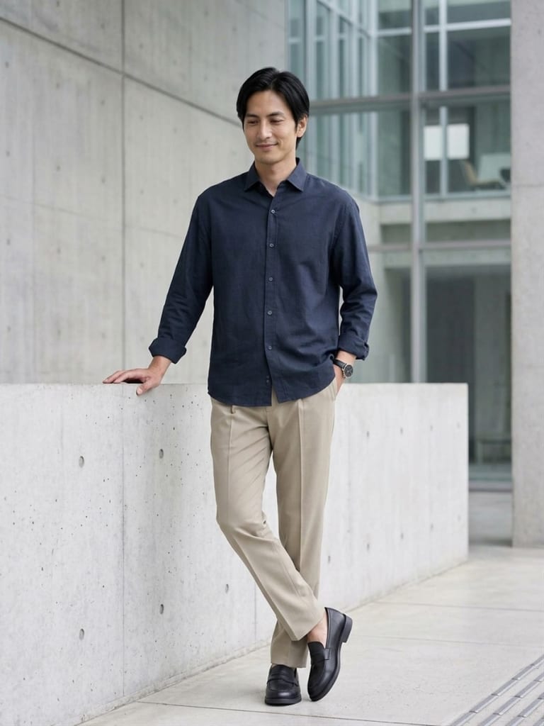 ネイビーシャツ×ベージュパンツで、落ち着きのある大人の着こなし。