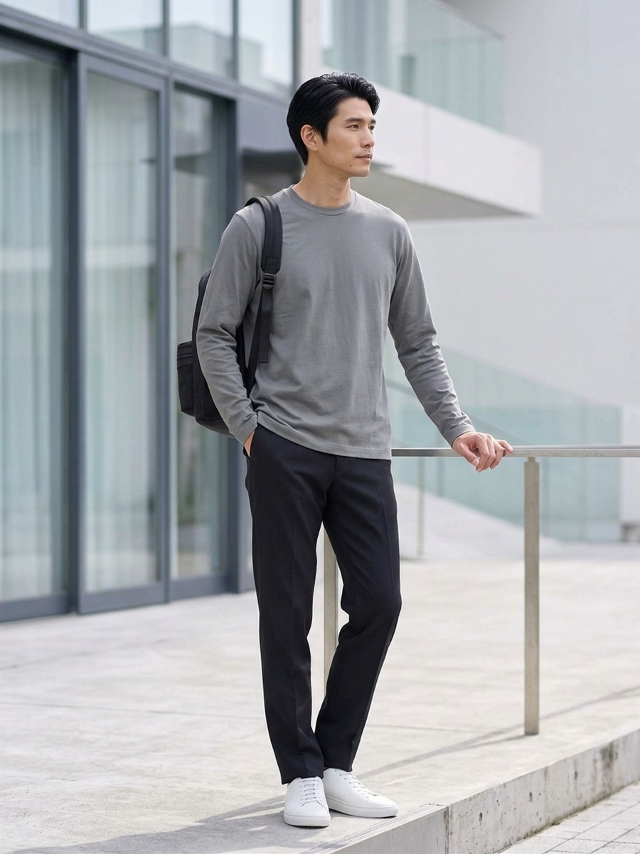 グレーのロングスリーブTシャツを主役にしたシックな色合わせ。