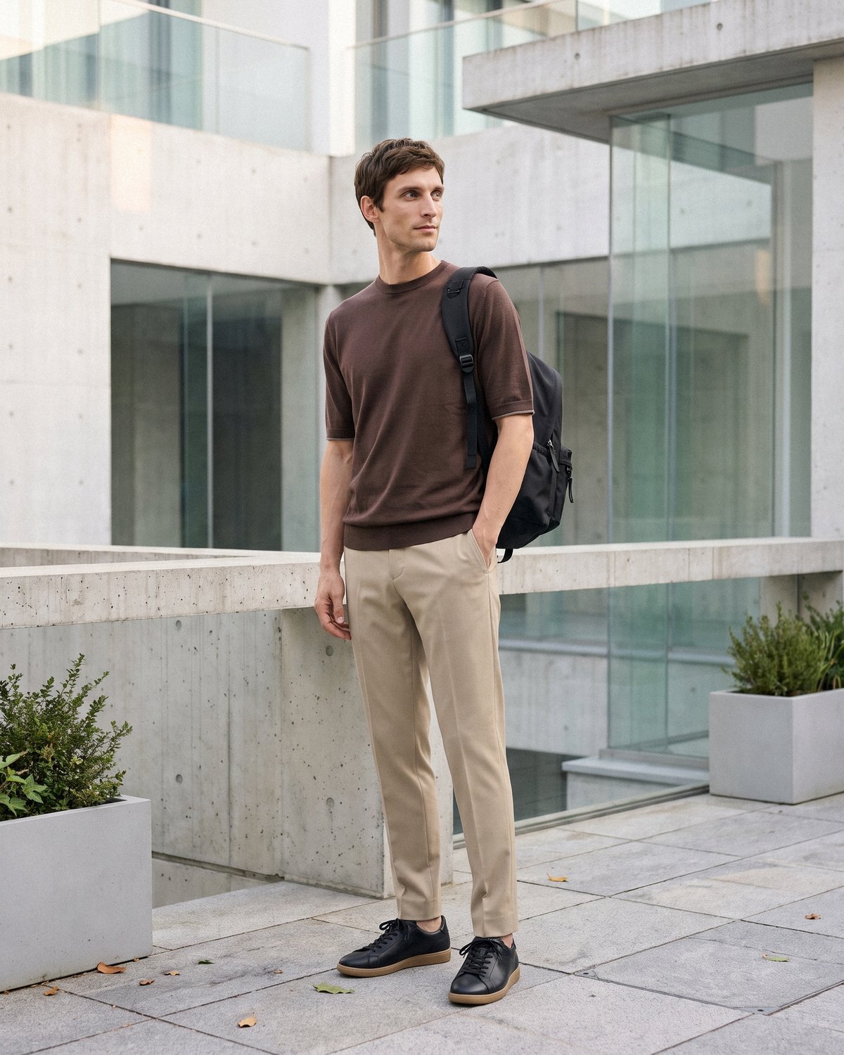 昼休みに、外のテラスへ出ます。ブラウンのニットTシャツに、ベージュのパンツを合わせました。