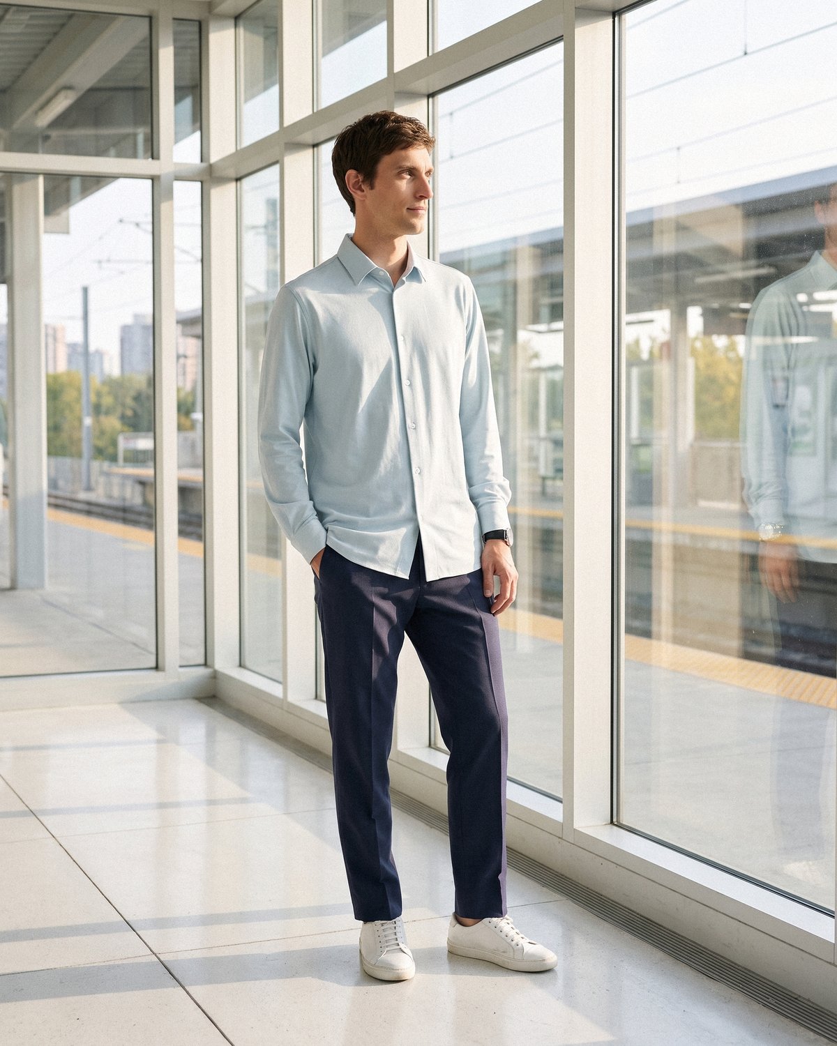 駅で電車を待つ。サックスブルーのCODEジャージーシャツに、ネイビーのCODEイージーパンツ。