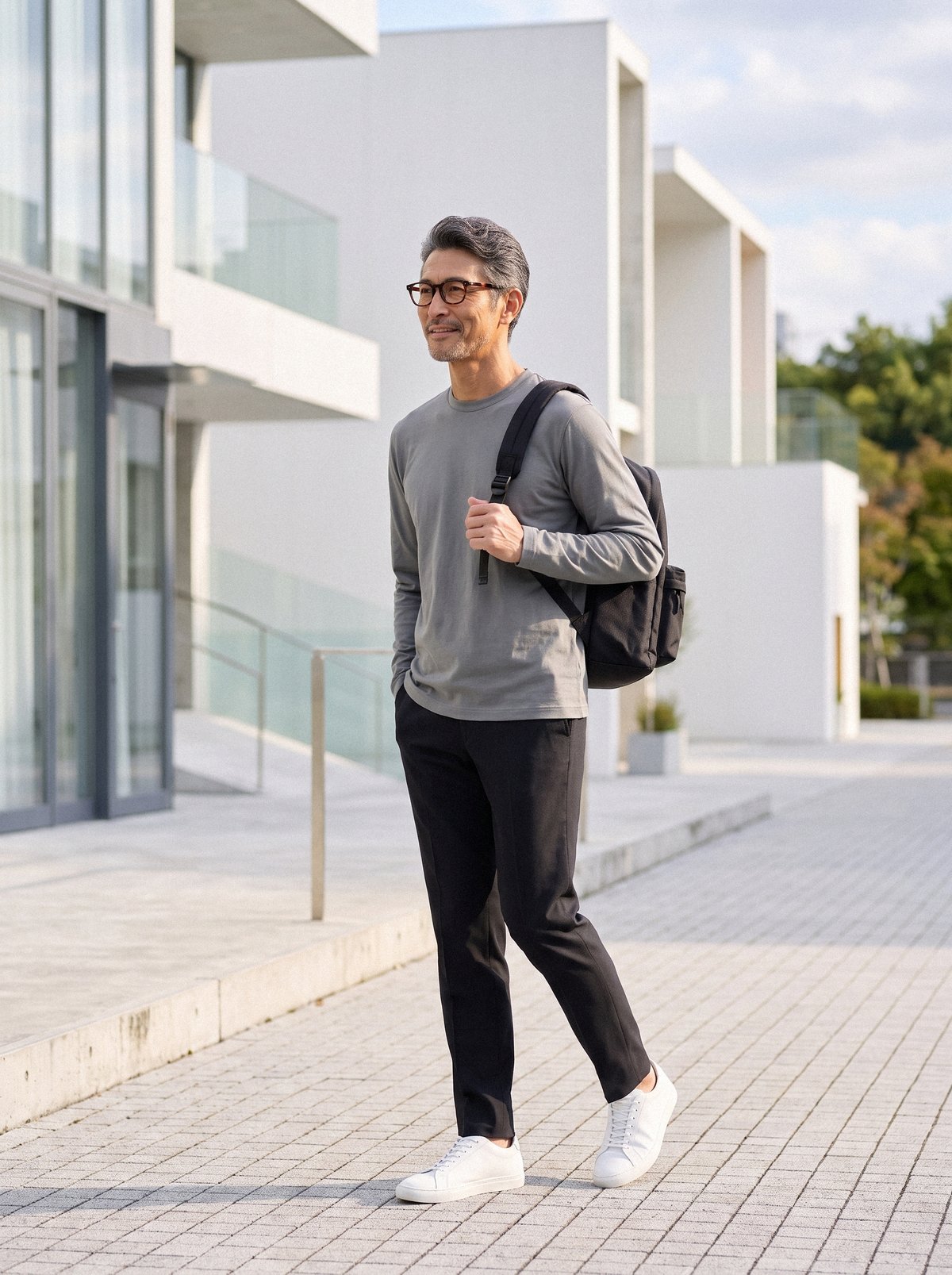 グレーのCODEロングスリーブTシャツに黒のCODEイージーパンツを合わせた男性