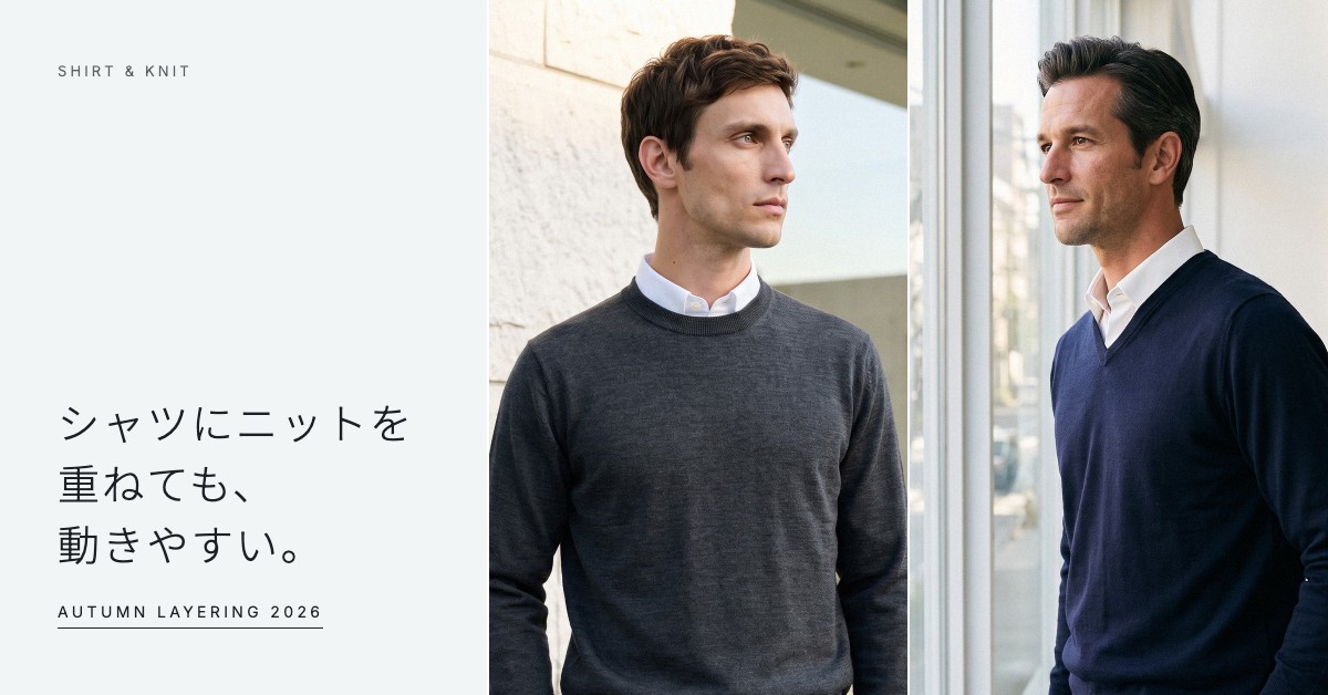 シャツにニットを重ねても、動きやすい。AUTUMN LAYERING 2026