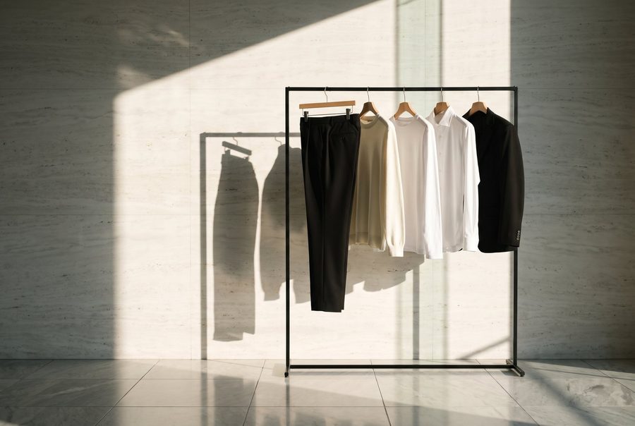 光の差す白い壁の前で、ラックに掛かった服