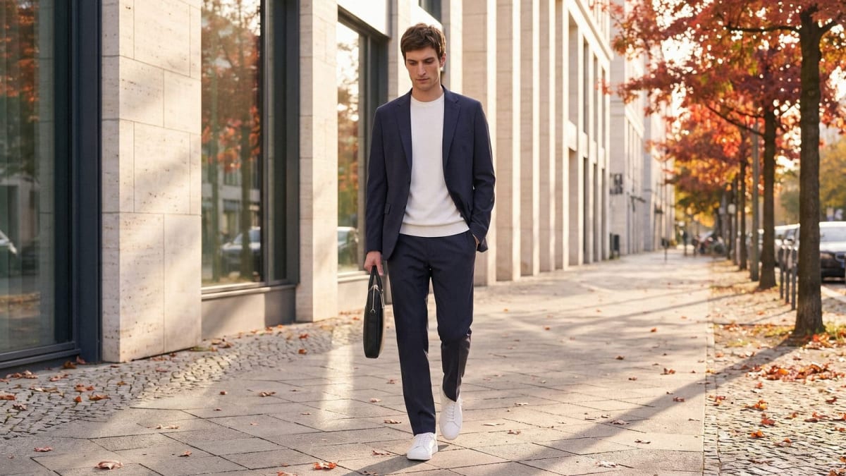 紅葉の並木道を、ネイビーのCODEジャケットとパンツに白のトップスで歩く男性