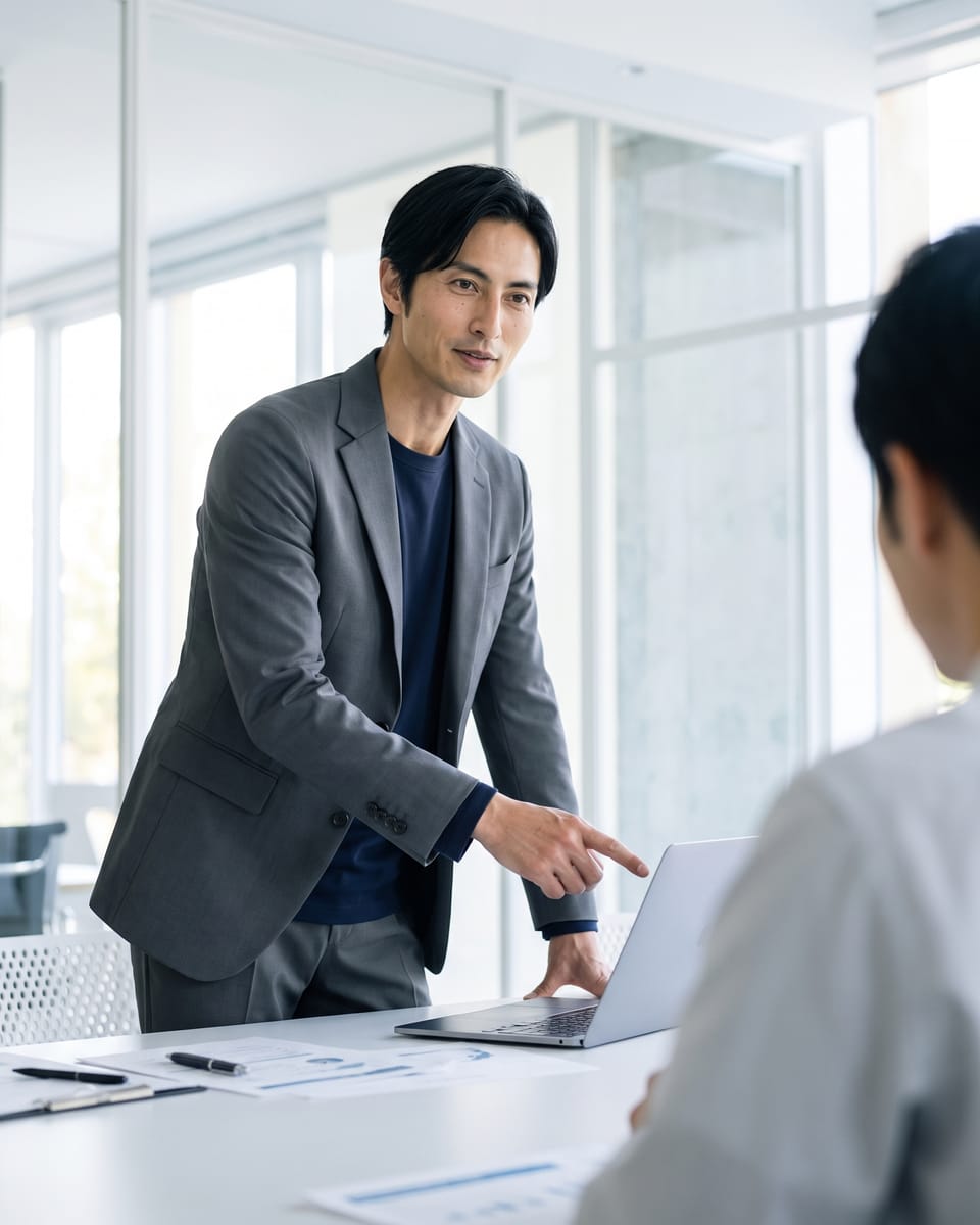 グレーのCODEジャケットとパンツにネイビーのロンTで、会議室で同僚にノートパソコンを示して説明する男性