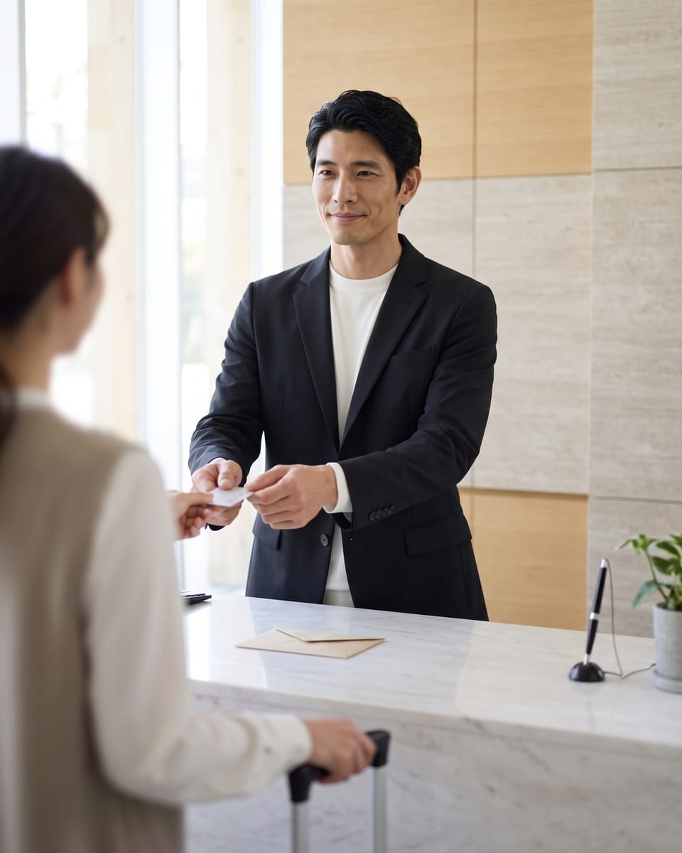 黒のCODEジャケットとパンツに白のシルクニットで、ホテルのフロントの内側から宿泊客にカードキーを渡す男性