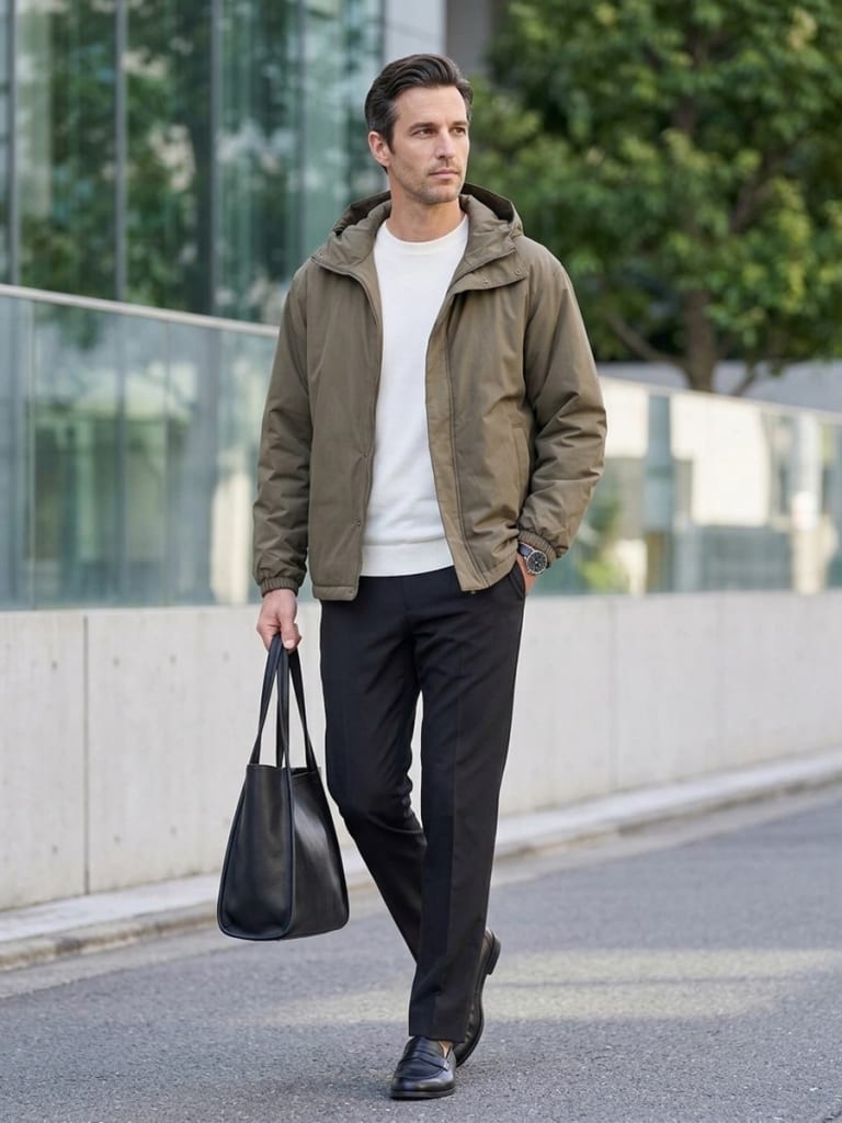 カーキでそろえたジャケットとパンツの落ち着いた大人のスタイル。