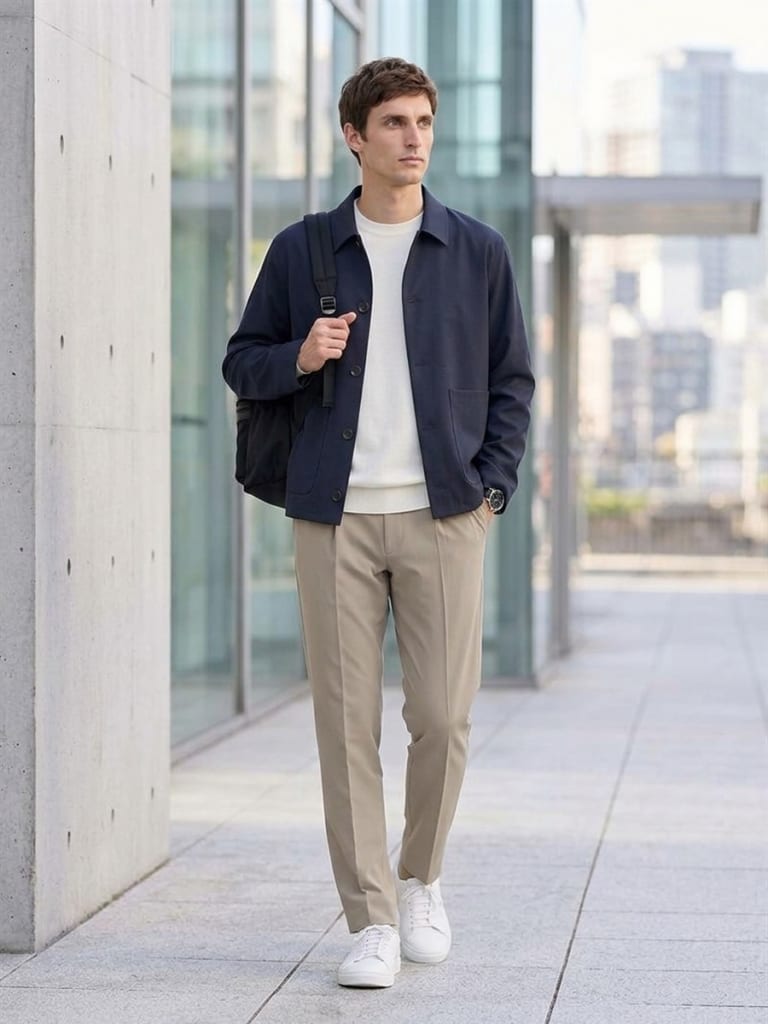 ネイビーシャツジャケット×ベージュパンツで寛いだ大人のカジュアル。