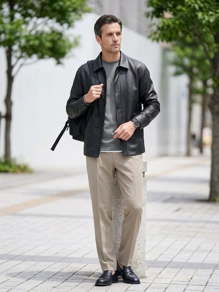 急な打ち合わせの日もレザーシャツが品よく見せる色合わせ。