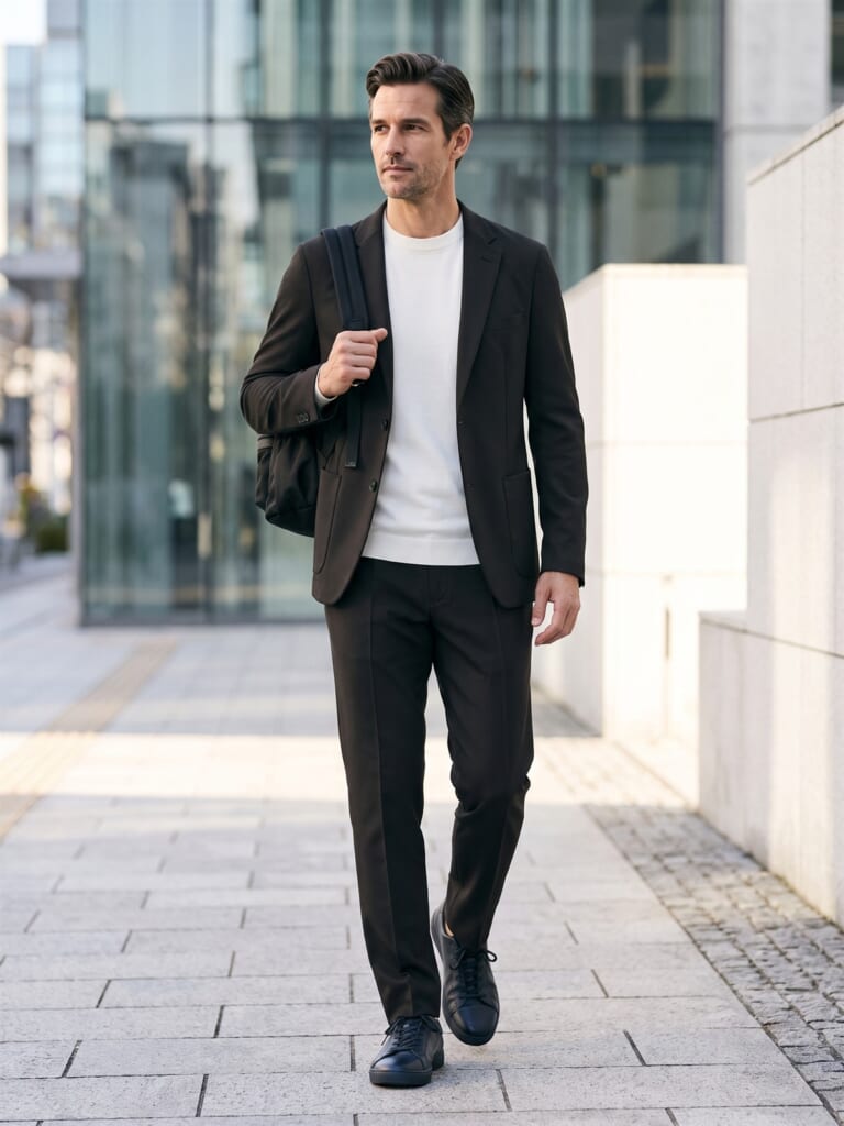 ブラックでそろえたジャケットとパンツの落ち着いた仕事スタイル。