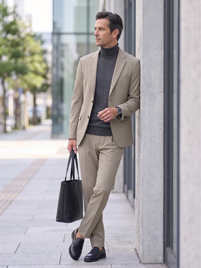 急な会食でも落ち着いて見えるチャコールニットの大人カジュアル。