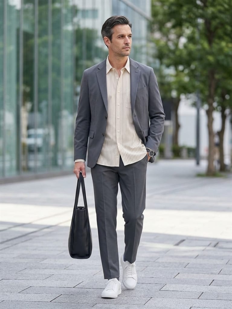 グレーのジャケットが決め手の品よくまとまる大人の色合わせ。