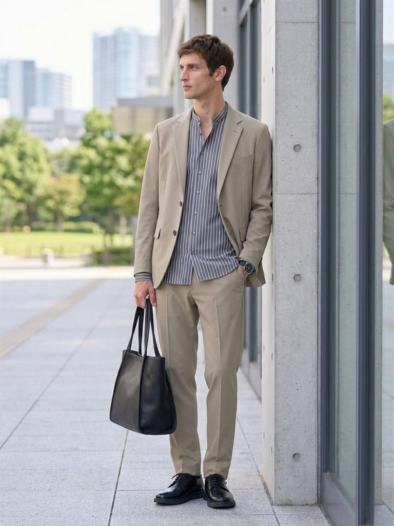 急な打ち合わせでも慌てないベージュジャケットのカジュアル。