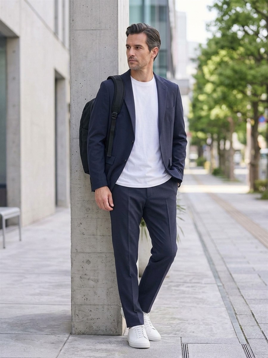 ネイビーのCODEジャケット、ホワイトのCODEロングスリーブTシャツ、ネイビーのCODEイージーパンツを着た男性
