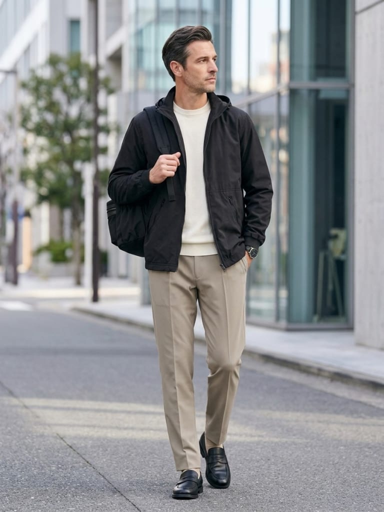 ブラックのマウンテンパーカーを主役にした軽快な出勤スタイル。