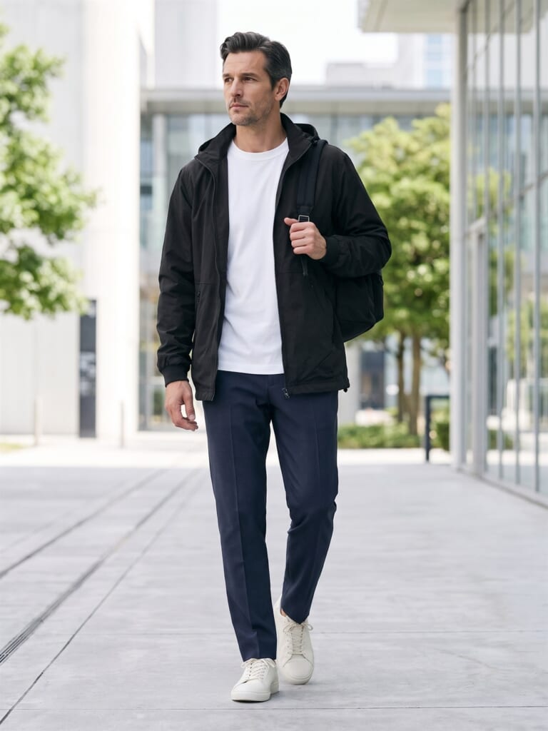 移動が多い日のブラックパーカーが軽快に見せる大人の着こなし。