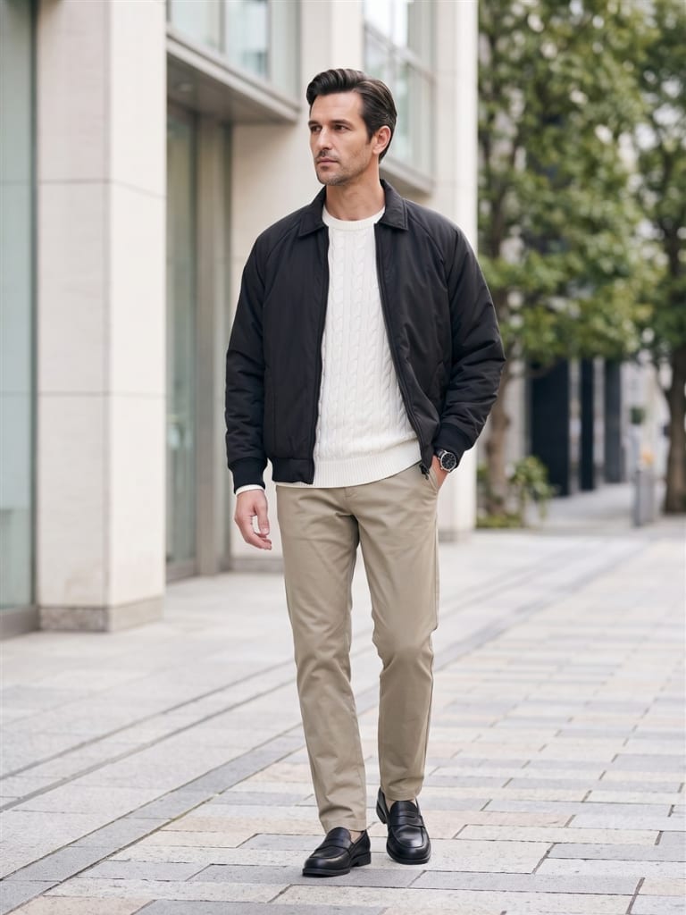 白いニットに黒の中綿ブルゾンを重ねた、外回りの日の服。