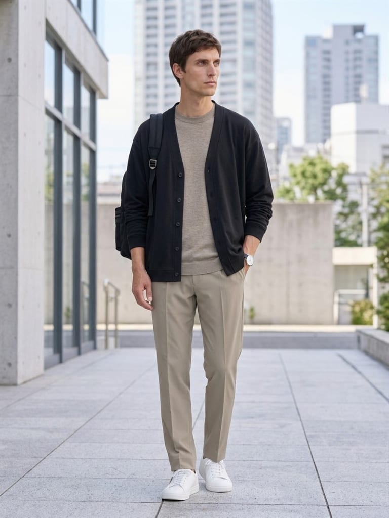 ブラックでそろえたカーディガンと小物の落ち着いた大人のスタイル。