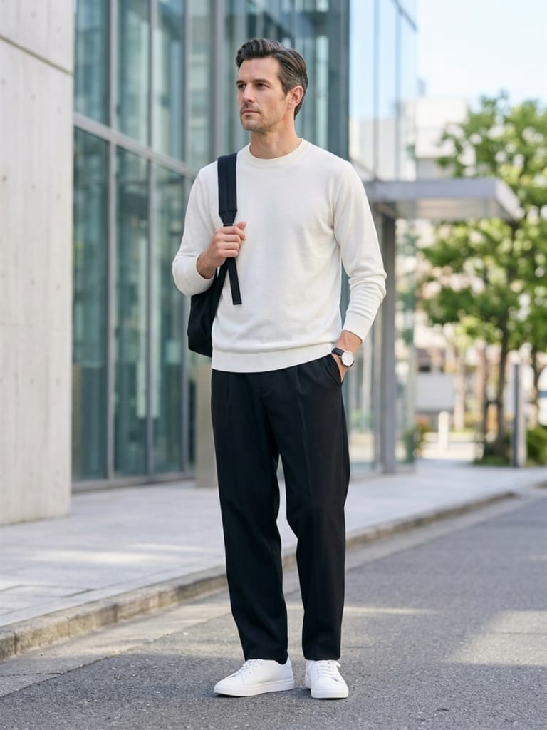 ホワイトニット×ブラックパンツで軽やかなモノトーンの色合わせ。