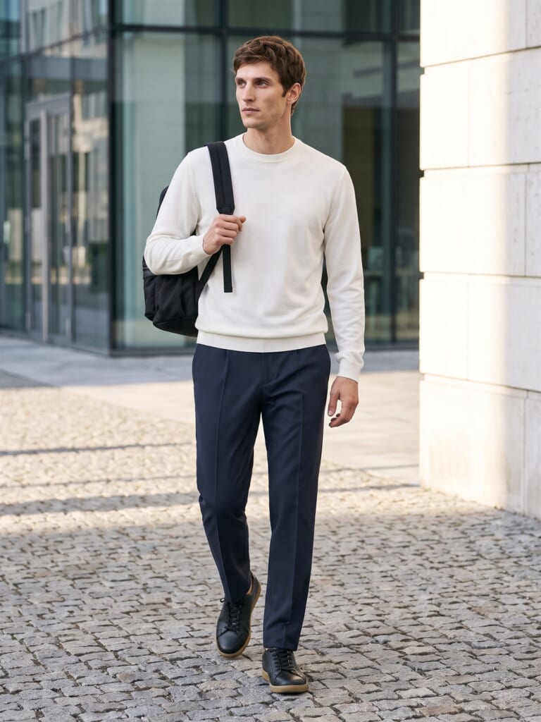 ホワイトニットにネイビーパンツを合わせた清潔感のある大人の色合わせ。