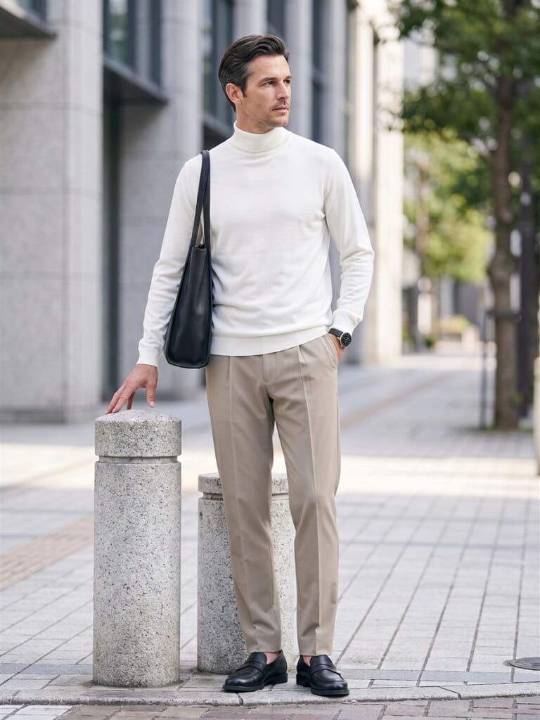 ホワイトとベージュでそろえたニットとパンツの落ち着いた大人の配色。