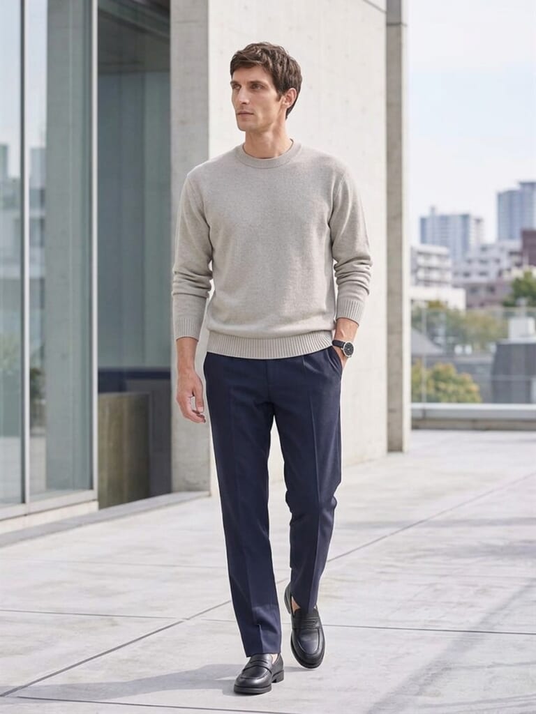 グレージュのニットに、ネイビーのパンツ。