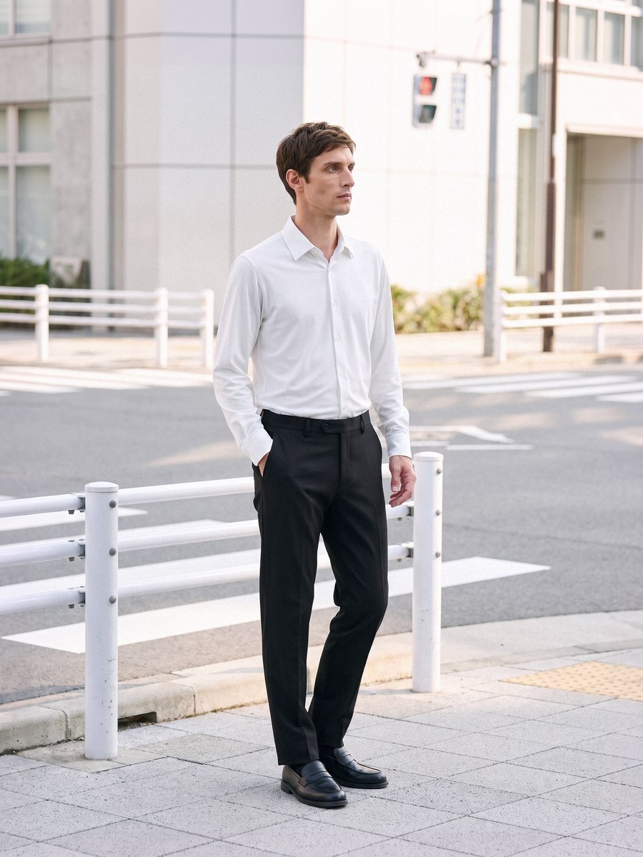 CODEジャージーシャツを1枚で着たコーディネート