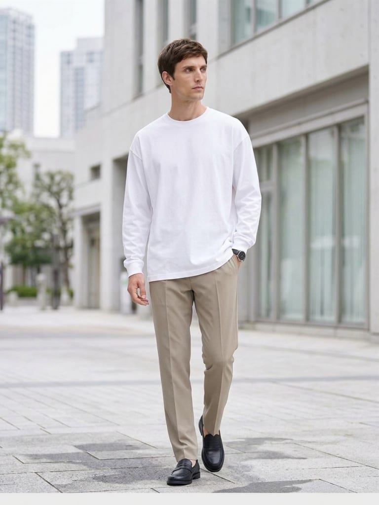 ライトカラーでそろえたTシャツとパンツのクリーンな色合わせ。