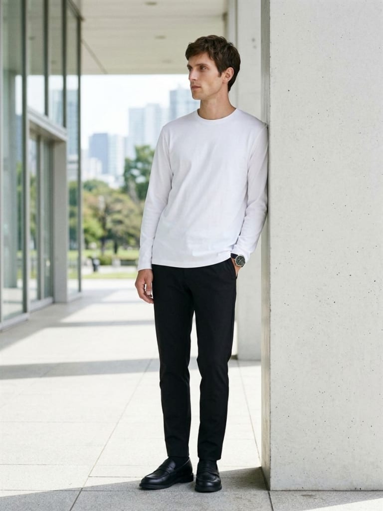 ホワイトのTシャツが決め手の軽快さを出す大人カジュアル。