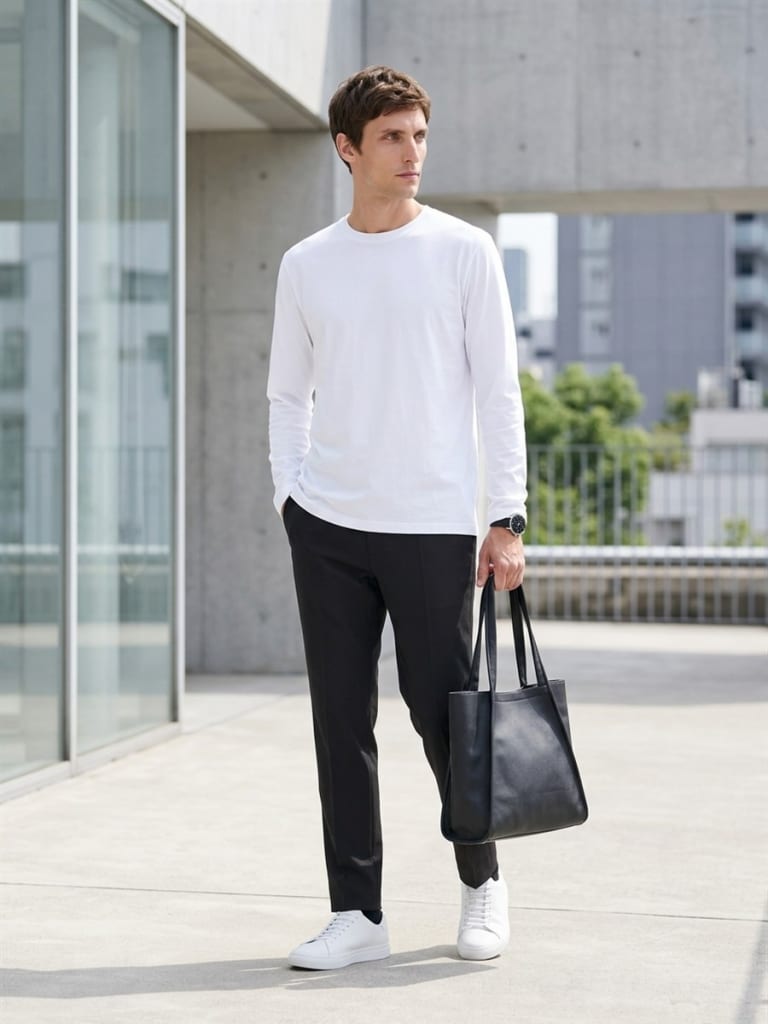 急な来客でも慌てないホワイトTシャツとブラックパンツの色合わせ。