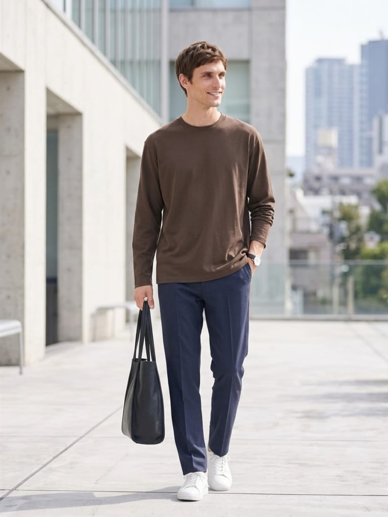 ブラウンTシャツ×ネイビーパンツで大人の落ち着きある配色。