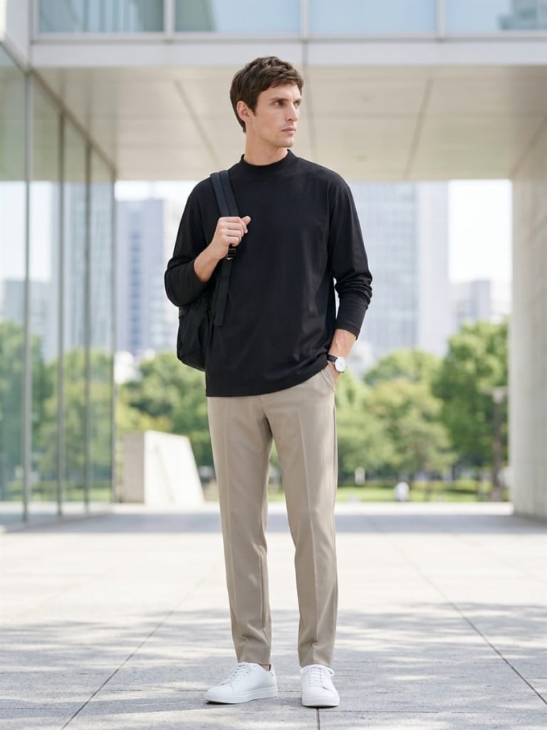 ブラックTシャツにベージュパンツを合わせた品のあるスタイル。