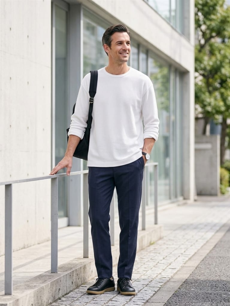 デスクワークの日のワッフルTシャツが集中を高める着こなし。