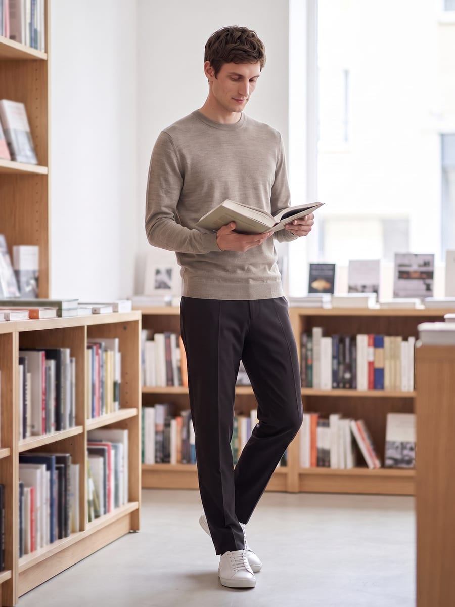 グレージュのCODEシルクニットに黒のCODEイージーパンツで、本屋で本を開く男性