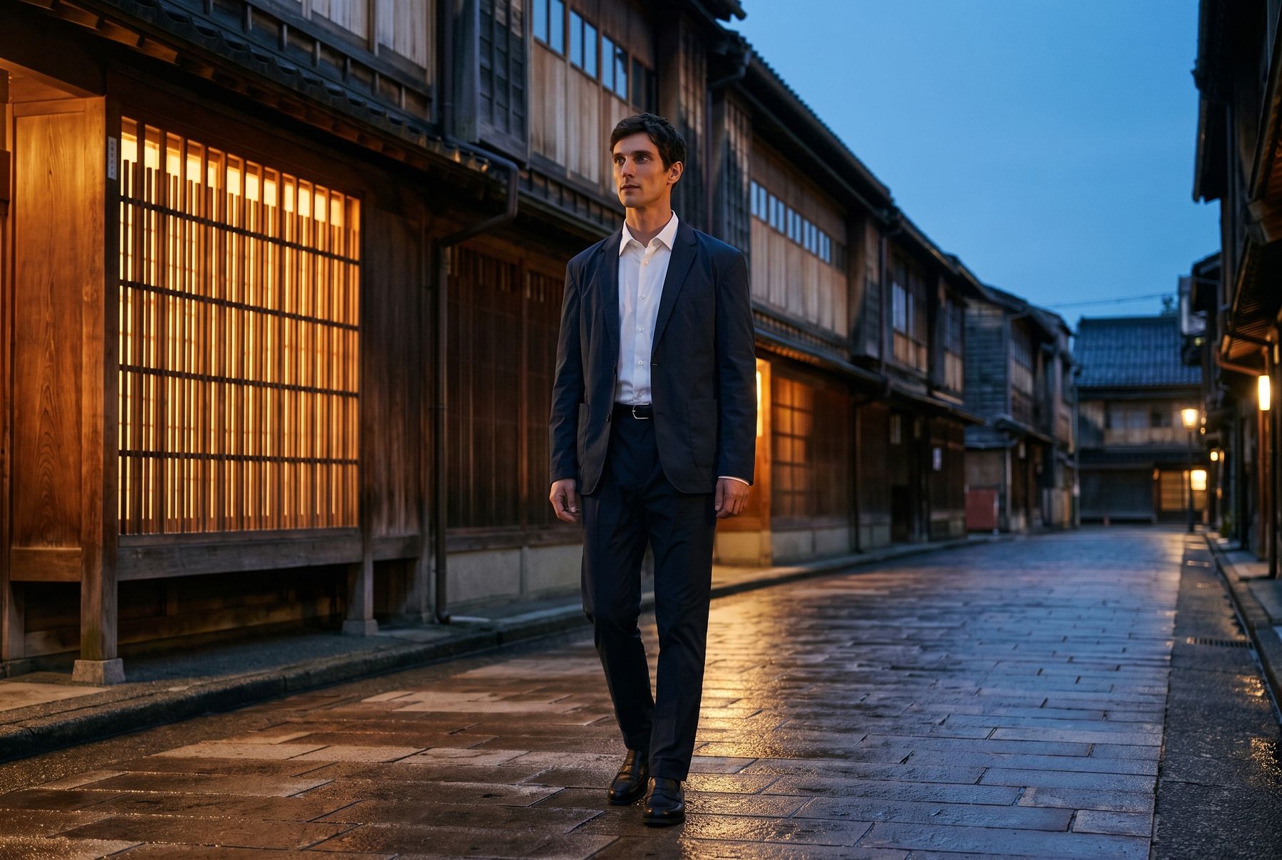 夕暮れの古い町並みを歩く男性