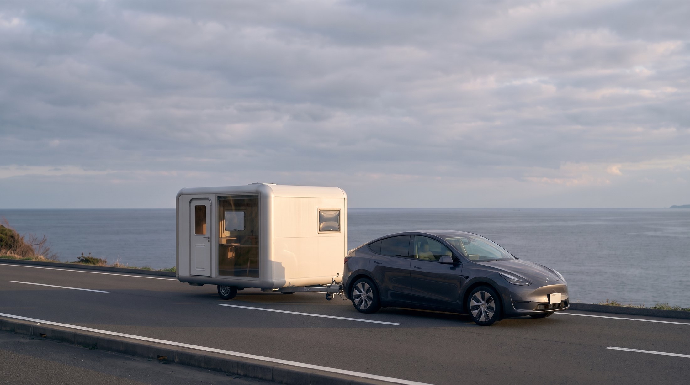 日本海沿いの道路を、ダークグレーのSUVに引かれて走るトレーラーハウス