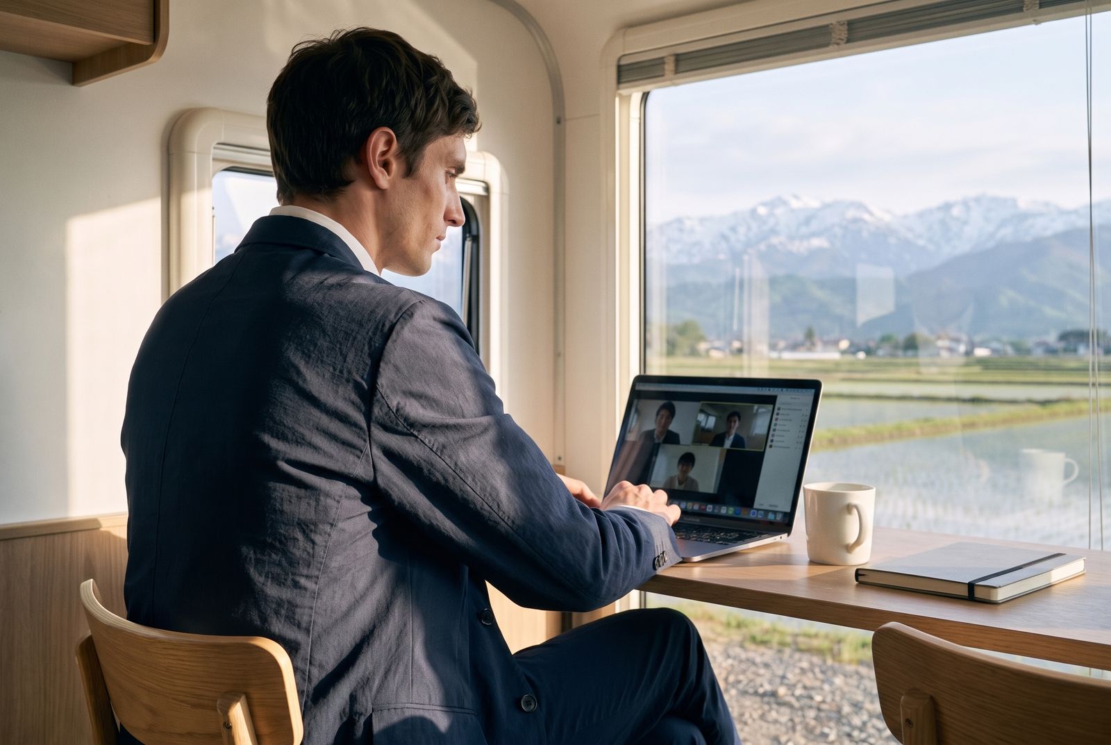 トレーラーハウスの窓ぎわの机で、ノートPCに向かう男性。窓の外に山並みと田んぼが見える